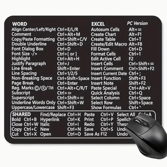 Microsoft Word / Excel Keyboard Shortcuts Mouse Pad Thick Anti-Skid Rubber NEW - Picture 1 of 7